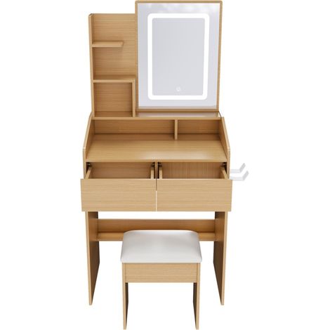 Toeletta con specchio LED, presa, porta phon e sgabello imbottito in MDF 60x130x36 cm (1/5)