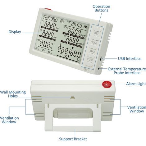 8-in-1 Portable Indoor Air Quality Detector, CO₂/HCHO/TVOC/CO2/Temperature/Humidity/Outdoor Temperature/Time Analyzer, for Office, School, Car (1/5)