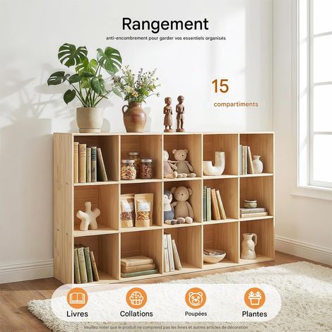 Bibliothèque 15 Compartiments en Bois Massif 150 x 30 x 90 cm, 3 niveaux Bibliothèque, cases 30 x 30 x 30 cm, étagère à livres, meuble de rangement salon bureau, séparateur de pièce (1/5)