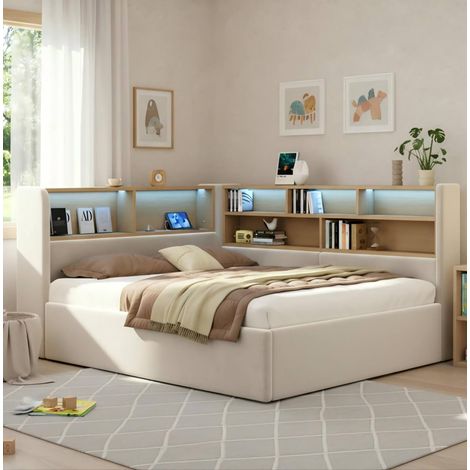 Lit de jour 140x190 cm avec rangement hydraulique, LED, USB/Type-C, velours beige (1/5)
