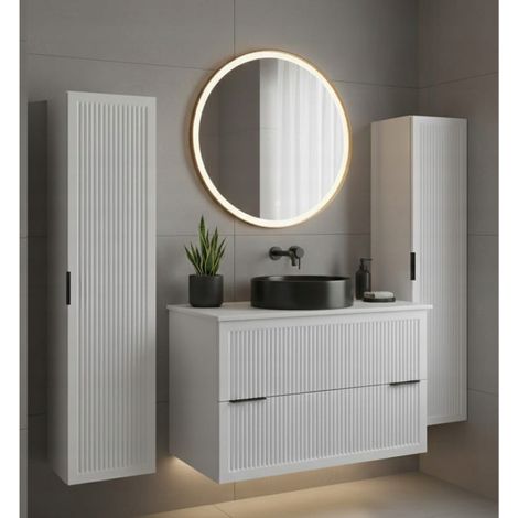 Meuble de salle de bain 60 cm – blanc mat – 3 coloris de poignées – plan de toilette effet marbre blanc – sans vasque (1/5)