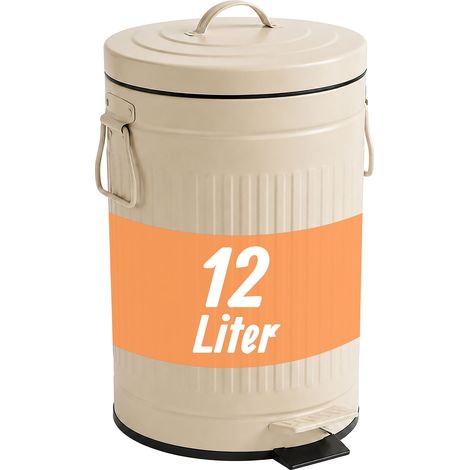 Relaxdays Mülleimer, 12 Liter, Küche, Bad, entnehmbarer Inneneimer, Fußpedal, Softclose, Metall, Tretmülleimer, beige (1/5)