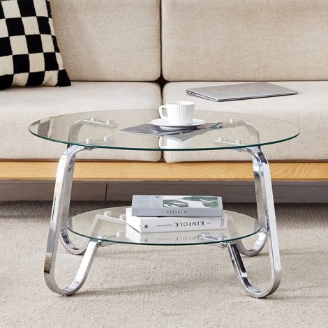 Table Basse Ronde en Verre Trempé Double Plateau et Structure Métallique Style Rétro Minimaliste - 80x80x45cm - Argent (1/5)
