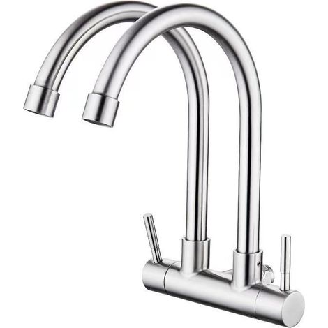 Unterputz-Kaltwasserarmatur aus Edelstahl 304 für Küchenspülen und Waschbecken – Zweirohr-, Zweiauslauf- und drehbare Zwei-Dreh-Armatur – Gebürstetes, horizontales Zweirohrmodell mit großem Bogen
