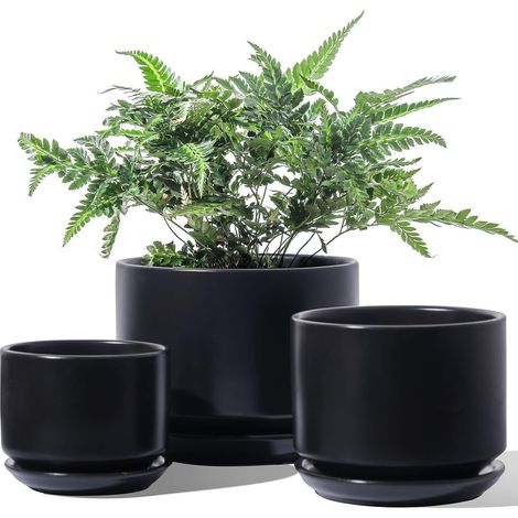 3er Set Keramik Blumentöpfe mit Untersetzer, 11-17 cm, Schwarz (1/5)
