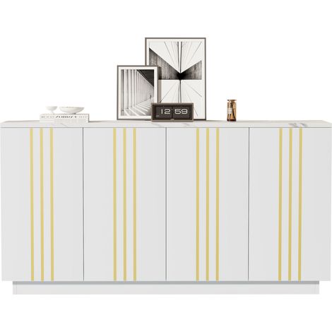Credenza 140x35x70 cm bianca in pannello truciolare con 4 ante e ripiani regolabili (1/5)