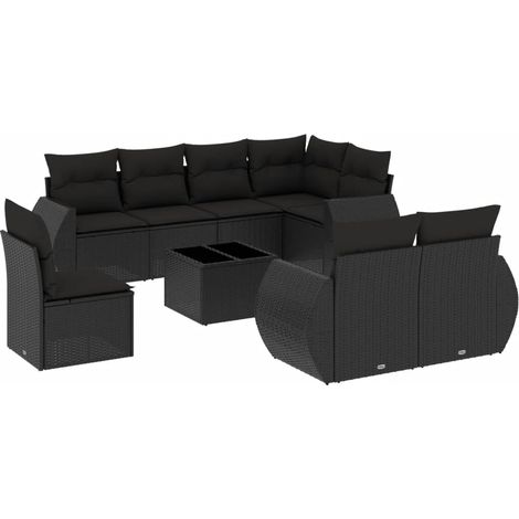 vidaXL Set Divani da Giardino 9 pz con Cuscini Nero in Polyrattan (1/3)