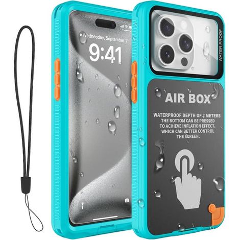 Étui étanche IP68, turquoise, pour iPhone 16/15/14 Plus. Écran tactile gonflable sensible, boutons précis. (1/5)