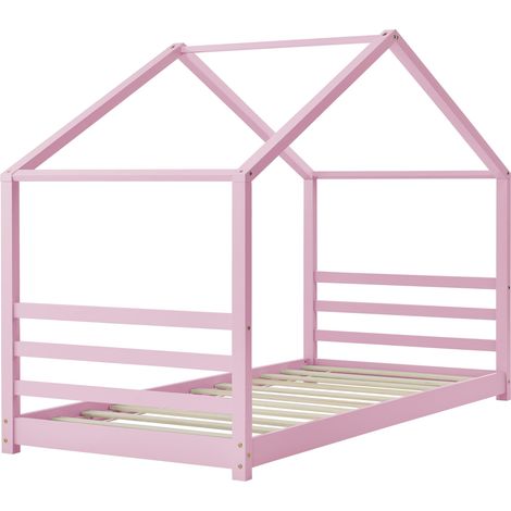 Cama infantil casita tipo cabaña con somier de láminas de madera de pino rosa 90 x 200 cm 030005508