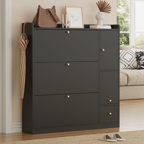 Scarpiera in truciolare nero con 3 ribalte, 1 cassetto, vano aggiuntivo e panca ribaltabile 119x24x122 cm (1/5)