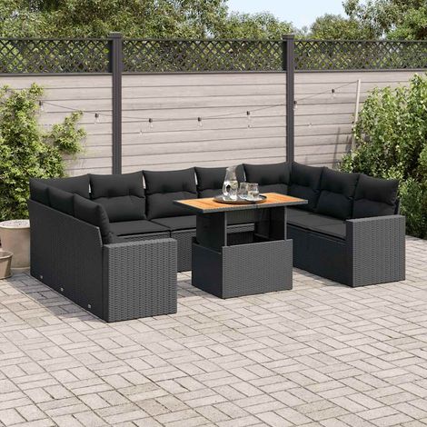 Salon de Jardin 10 Places Noir Résine Tressée avec Table Acacia et Coussins Lavables - Ensemble Modulaire avec Rangement Intégré (1/5)