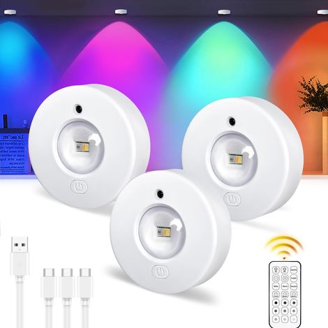 Lot de 3 éclairages de vitrine LED sans fil avec télécommande, changement de couleur RVB, éclairage d'armoire, batterie à intensité variable, lampe sous meuble, lampe de cuisine, rechargeable (1/5)