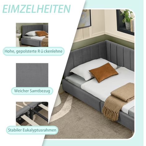 Lit simple 90200 cm, revêtement en velours doux pour la peau, lit enfant avec dossier haut, idéal pour les chambres d'enfants, convient aux chambres d'amis et aux studios, gris foncé (sans matelas) (1/5)
