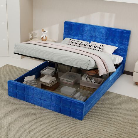 Lit rembourré en velours doux avec tête de lit, tissu velours bleu, design de chambre moderne, espace de rangement, convient pour un matelas de 140 × 200 cm. (1/5)