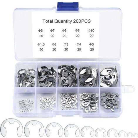 pair Kit Assortiment 200 Éclips Anneaux Retenue Acier Inoxydable Tailles 1.5 à 10 mm (1/4)