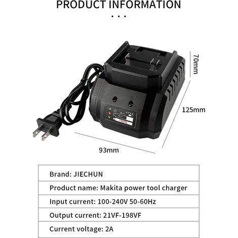 Chargeur rapide 21 V 2 A compatible avec les batteries lithium-ion Makita, avec témoin lumineux LED.