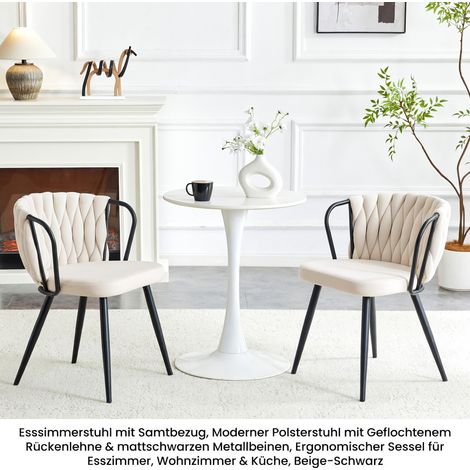 Chaises de salle à manger, lot de deux ,avec dossier tressé et pieds en métal doré, ergonomique, en velours, beige et noir (1/5)
