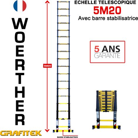 Woerther – Échelle télescopique 5m20 – Barre stabilisatrice – Charge maximale 150kg – Norme EN131 – Hauteur pliée 99cm – Aluminium 7175T6