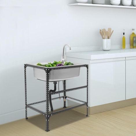 Évier commercial autoportant en acier inoxydable 71 x 46 x 75 cm avec robinet, 1 bac, évier extérieur en acier inoxydable, pour l'extérieur, l'intérieur (1/5)