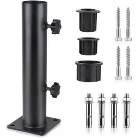 Pied Parasol, Tube de Parasol, Support Parasol Metal Réglable avec 3 Anneaux de Réduction en PVC (32/38/48mm), Tube pour Pied de Parasol avec 8 Clous en Acier, Noir