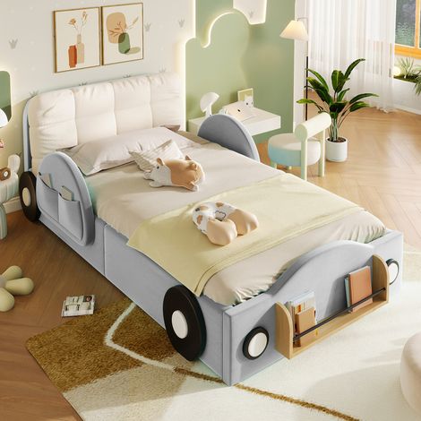 Lit coffre enfant 90 x 200 cm en velours gris avec rangement hydraulique, poches latérales, range-livres au pied et grand coussin de tête (1/5)