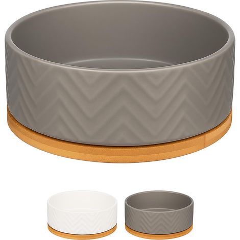 Gamelle pour Chien 990 ML Gris - Antidérapant - Gamelles en céramique émaillée dans un support en bambou - 16cm x 6cm x 7cm (1/5)