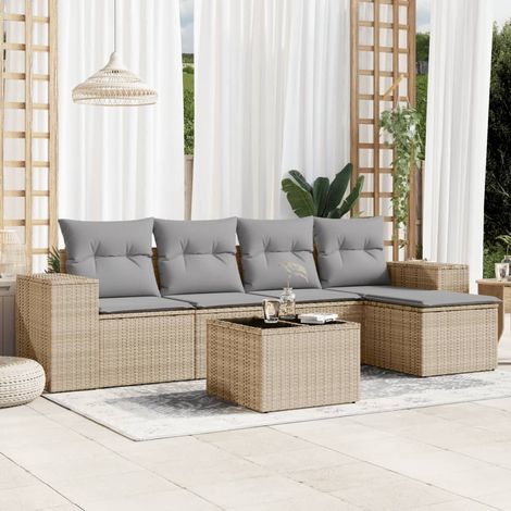6-tlg. Garten-Sofagarnitur mit Kissen Beige Poly Rattan (1/5)