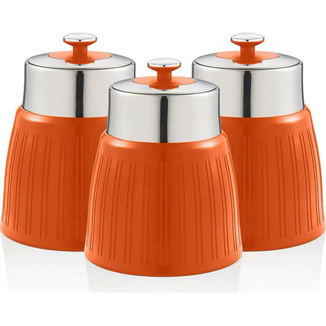 SWAN SWKA1024ON Set 3 Botes Cocina Almacenaje 1,2 L, Plástico y Acero Inox, Especias, Té ,Café, Retro, Vintage Naranja (1/3)