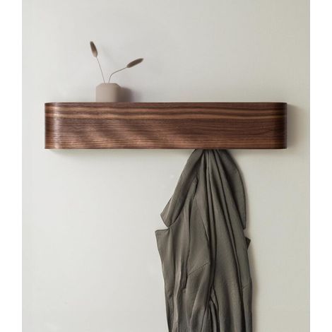 Porte-Manteau Mural Bois Design Moderne Avec Crochets Muraux Cachés Panneau En Placage De Bois Massif Noyer (1/5)