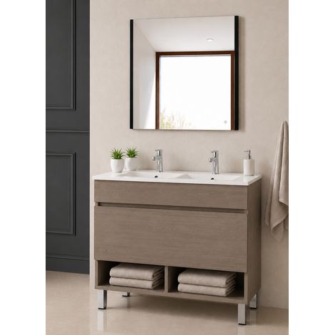 Bathroom cabinet with legs and ultra-slim basin ORIGENBATH NEBARI with legs and drawer without mirror 120x45 cm 2 basins smoked oak (1/5)