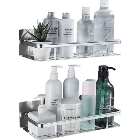 No-Drill Aluminum Shower Caddy, Rust-Resistant Bathroom Organizer, Self-Adhesive Bathroom Shelf, No-Drill Shower Trolley with 4 Hooks - Silver Shower Shelf (1/5)