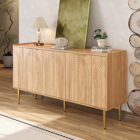 Buffet Salon en Bois 140L x 38l x 75H cm,Rangement Spacieux 2 Niveaux,Pieds Dorés et Portes Décoratives,Meuble de rangement (1/5)