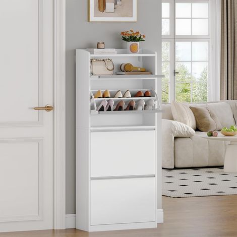 Meuble à Chaussures Entrée avec 3 Portes, Armoire à Chaussures avec 1 Casier à Rabattre, Séparateur Réglables, 12 à 18 Paires, pour Entrée, Salon, Blanc (1/5)