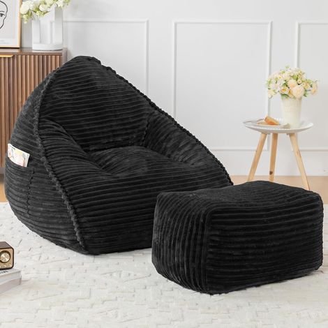Pouf Géant Adulte avec Repose-Pieds, Fauteuil Pouf XXL Tissu Flanelle Ultra Doux, Rembourrage en Mousse Haute Densité, Sans Armature, pour Salon, Chambre et Bureau, Noir (1/5)