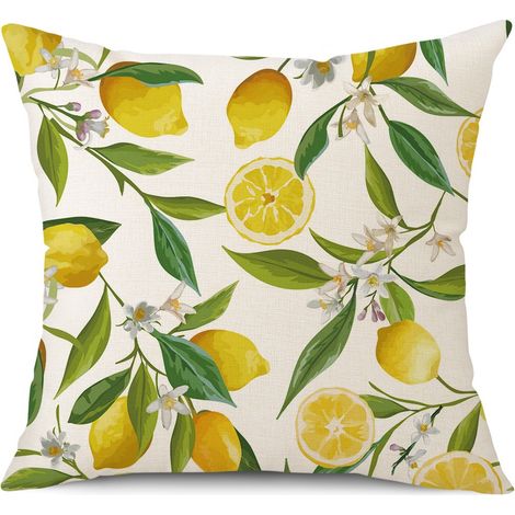 Set di 2 fodere per cuscini a tema limone, 45x45 cm, impermeabili, a doppio strato, con limone giallo, fiori bianchi e foglie verdi - per soggiorno, balcone, giardino, auto