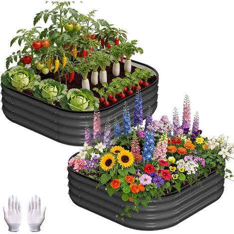 Lot de 2 bacs à Potager en métal galvanisé - Sécurité jetons arrondis, Montage sans Outil - Légumes, Fleurs, Herbes - 92x92x30cm, Gris foncé (1/5)