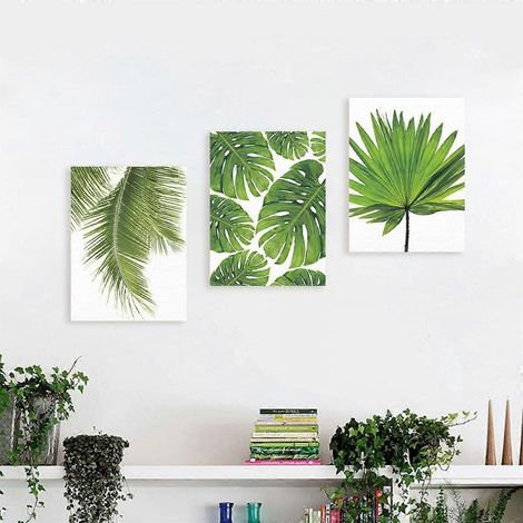 Ensemble de 3 affiches murales botaniques sur toile, motif feuilles tropicales, style bohème, pour la décoration de chambre. (1/5)