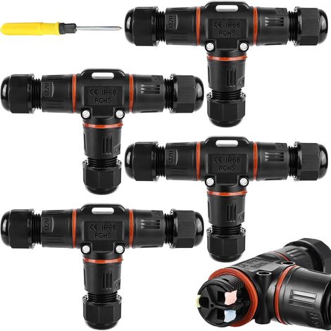 Lot de 4 connecteurs de câble à 3 broches étanches IP68 - En forme de T - Étanche - 3 broches - Pour câble de 3 à 12 mm de diamètre - Boîte de jonction étanche à 2 voies - Pour jardin, extérieur (1/5)