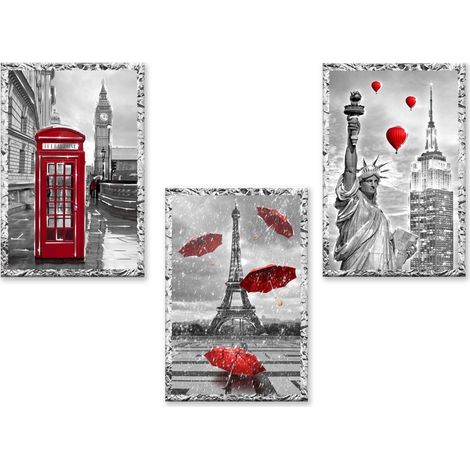 Lupia - Set 3 Quadri moderni MONDIE' poster su legno con lamina argento Paris London New York cm 31x46 CITY RED soggiorno, camera da letto (1/4)