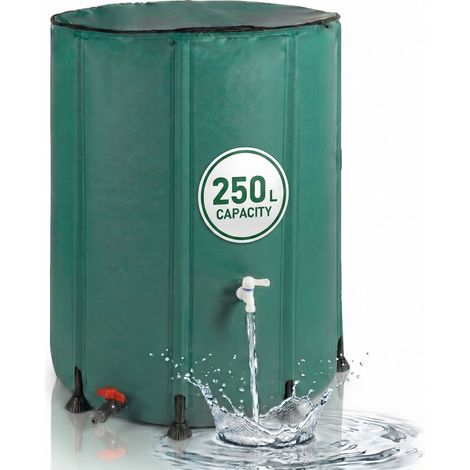 Relaxdays Foldable Rain Barrel 250L, Garden & Balcony, 2 taps, overflow, zipped lid with mesh, PVC, green