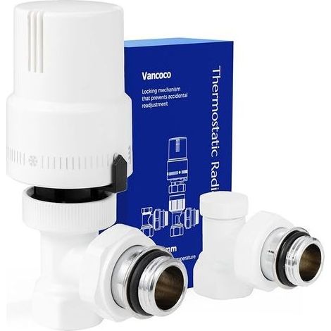 Robinet Thermostatique + Robinet de Retour Kit Complet 1/2 "(15×21), Raccord Étanche, Régulateur de Radiateur, Coude en Équerre, Blanc Intégral, Sonde Liquide, Protection Anti-Gel, Norme EN215 (1/5)