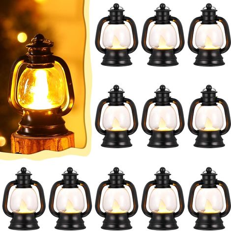 Lot de 12 mini lanternes décoratives de 10 cm - Centre de table style western, petite lampe suspendue vintage pour camping - 10 cm - Noir (1/4)