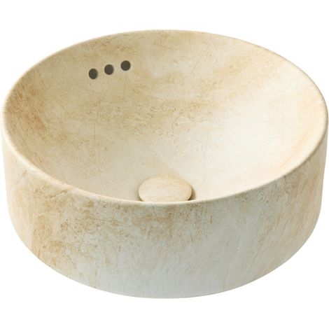 Jacob Delafon – Vasque à poser ronde 42x42cm en marbre travertin sable – Avec bonde intégrée – Système anti-débordement – Finition minérale haut de gamme