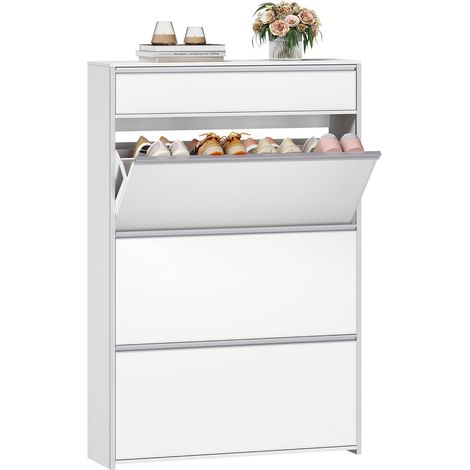 Meuble à Chaussures Étroit avec 3 Battants, Étagère à Chaussures avec Tiroir, Meuble à Chaussure, Séparateur Réglables, 18 à 24 Paires, pour Couloir, Entrée, Blanc-Argent (1/5)