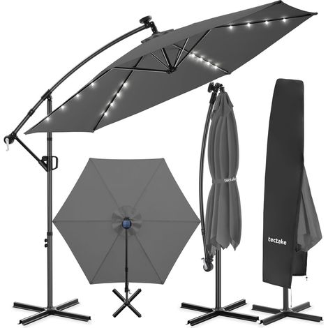 Parasol Artemis pivotant à 360°, LED et énergie solaire, 3 x m - gris