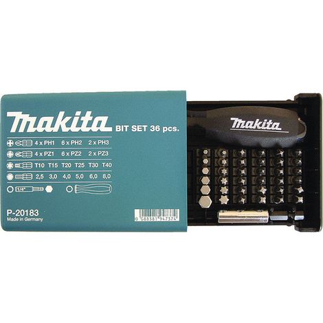 Makita – Coffret d'embouts 38 pièces – 36 embouts de 25 mm – Empreintes PH, PZ, T, HEX – Pour vissage précis – P20183