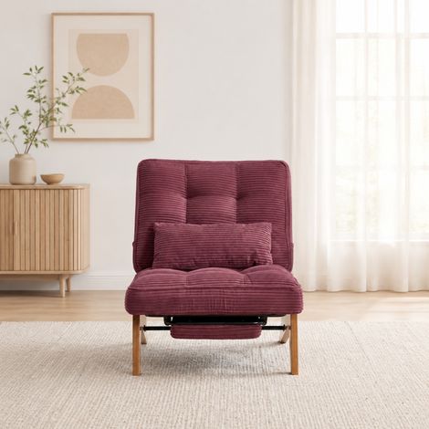 Méridienne réglable en velours côtelé bordeaux avec repose-pieds, coussin lombaire et bois (1/5)