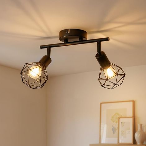 Luminaire Plafonnier LED 2 Spots Orientable E14, Noir, Sans Ampoule  Vintage Plafonnier Spot Industriel, Métal Luminaires Intérieur, Applique Murale Spot de Plafond pour Cuisine Chambre Couloir (1/5)