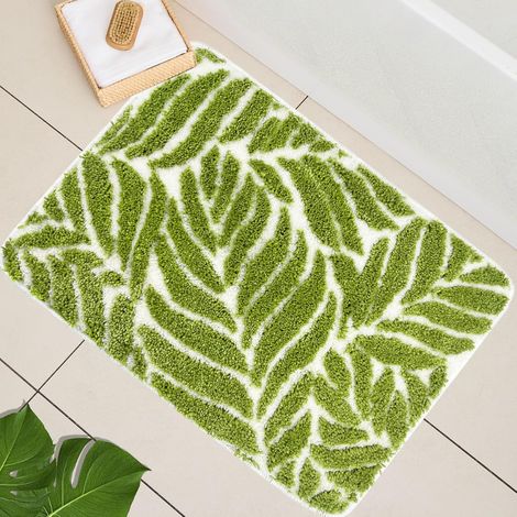 Alfombrilla de baño pequeña con un bonito estampado de hojas verdes, 40x60cm Divertida, antideslizante, absorbente y lavable, ideal para usar delante del lavabo y la bañera. (1/3)