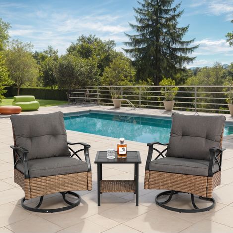 fauteuil salon jardin pivotant set 3 pièces acier rotin HAVRYA (1/5)